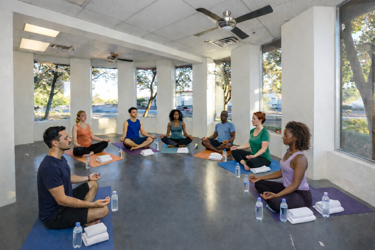 Men and women practice yoga at The Nest at SafeNest.