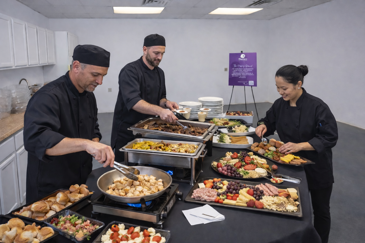 Caterers prepare food for an event held at The Nest at SafeNest.